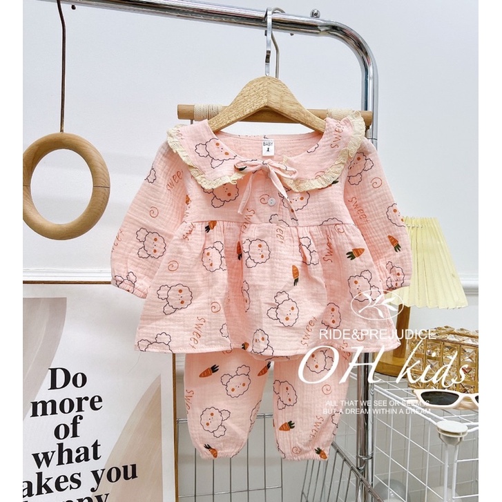 Bộ Quần Áo , Bộ Xô Muslin Cổ Sen Cho Bé Yêu 8-15kg
