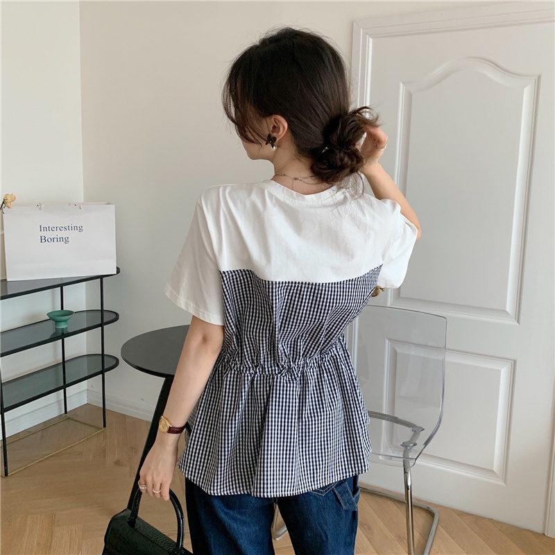 Áo thun tay ngắn cổ tròn in họa tiết sọc caro đơn giản