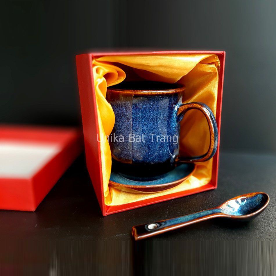Bộ Quà Tặng Bộ Cốc uống trà Men Xanh Hoả Biến - Gốm Sứ Bát Tràng