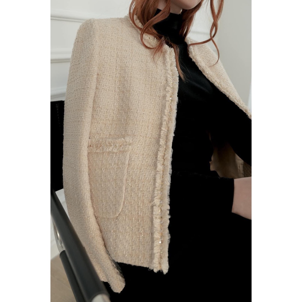 Áo Tweed cổ tròn 2 túi đứng Hàn Quốc