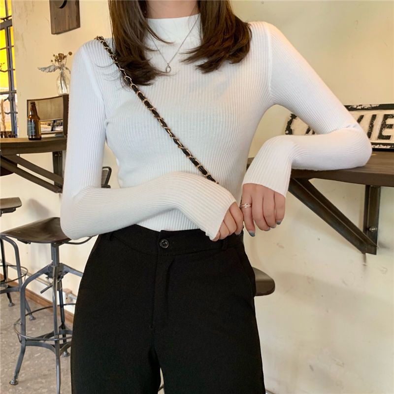 Áo Sweater Dệt Kim Cổ Lọ Tay Dài Dáng Ôm Thời Trang Mùa Thu Xinh Xắn Cho Nữ