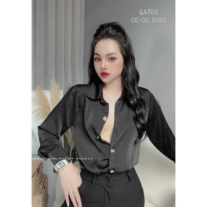 Áo sơ mi tay dài chất phi lụa mềm, không kèm khăn u