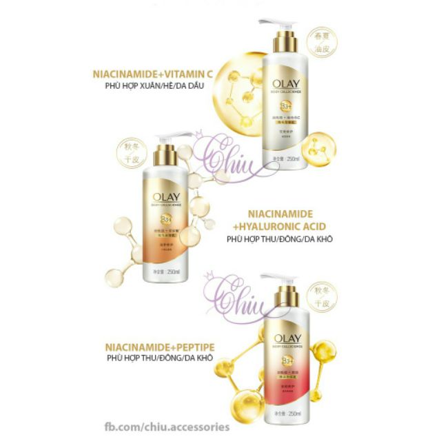 Sữa dưỡng thể Olay B3+ Vitamin C/HA/Peptipe body lotion dưỡng trắng tái tạo da cho da dầu/da khô 65ml/90ml/250ml/400ml