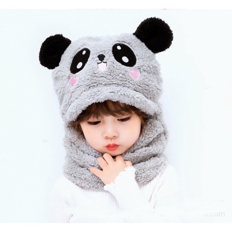 Mũ Gấu Lông Cừu Kèm Khăn Hình Gấu Panda,Chất Liệu Mềm Mịn Giữ Ấm Cho Bé Trai Và Bé Gái