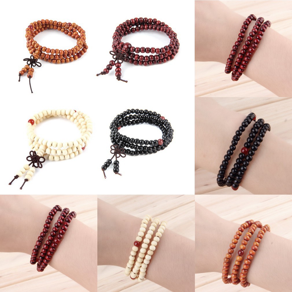 Vòng đeo tay hạt gỗ nhiều lớp cầu nguyện Phật Giáo