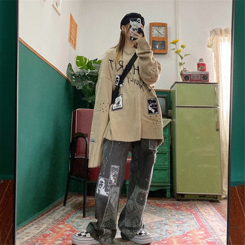 Quần jeans ống rộng phong cách hip hop đường phố dành cho nam và nữ
