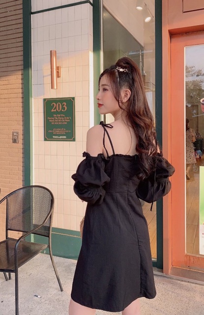 Đầm hai dây rớt vai tay bo trắng đen có mút ngực - Chang Dress(Có Ảnh Thật)