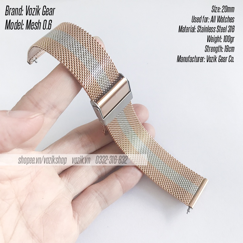 Dây đeo đồng hồ thép lưới mesh Mesh 0.6mm VOZIK - milanese strap band for watches - 4