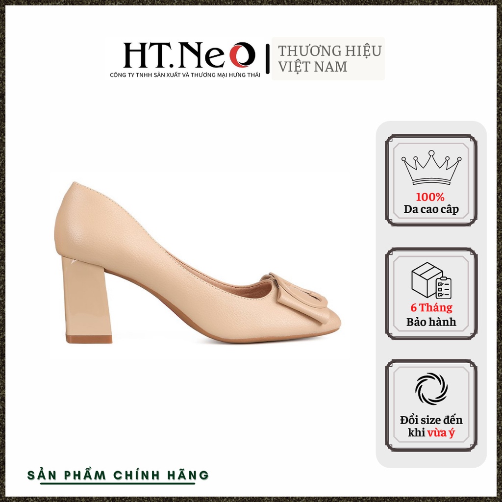 Giày công sở nữ - giày cao gót  HT.NEO da bò thật mềm mại,đế siêu bền nơ da đính chữ cực sang CS161