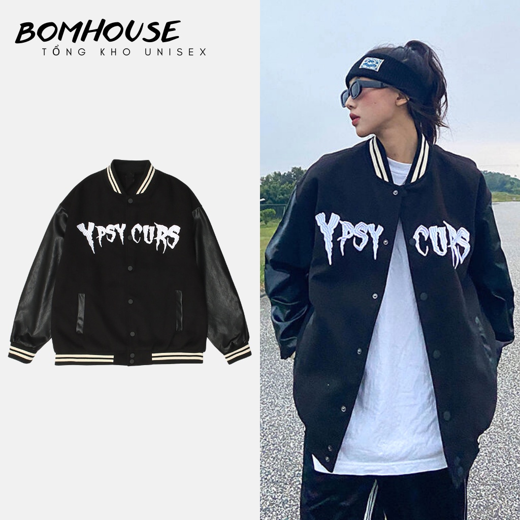 ❍☒Áo Khoác Bomber Varsity Jacket BOM HOUSE Bóng Chày Nam Nữ Chất Liệu Kaki Phối Tay Da Logo Thêu 2 Lớp