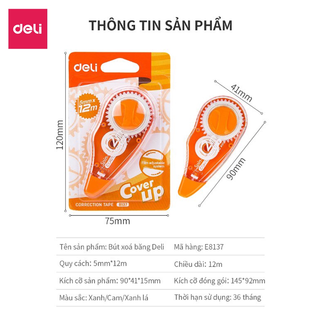 [Mã LIFEDL44 giảm 50K đơn 99K] Bút xoá băng 12m Deli, Xanh dương/Cam/Xanh lá - 1 chiếc - E8137