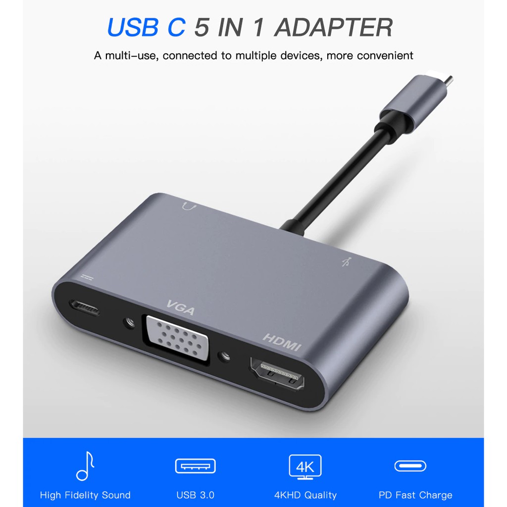 Thiết bị chuyển đổi Type-C 5 trong 1 với cổng VGA HDMI PD USB3.0 tiện dụng chất lượng cao