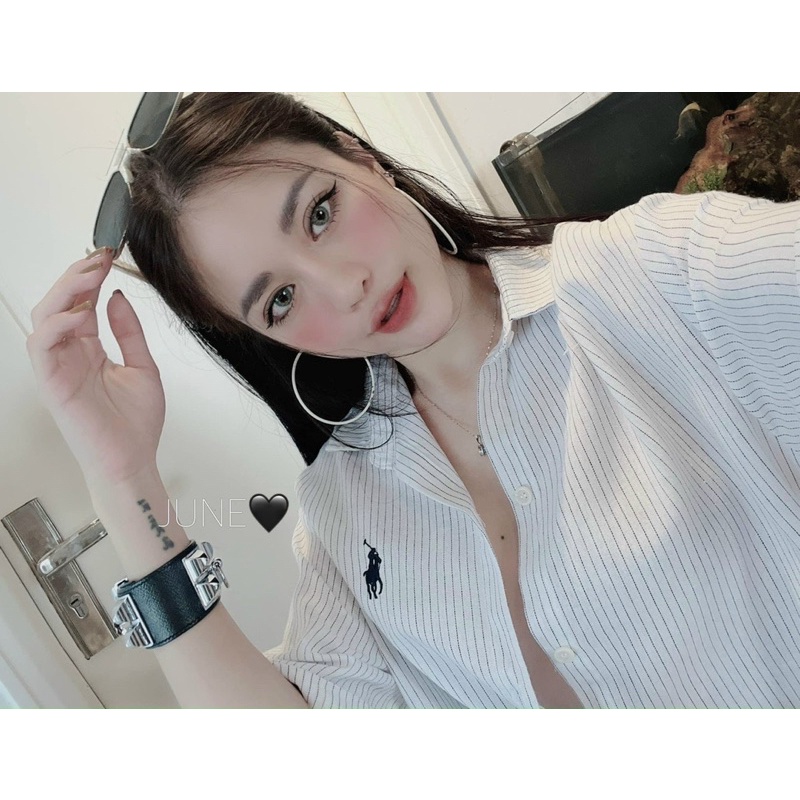 Đầm sơ mi dáng suông hoạ tiết kẻ dọc nhỏ, Váy sơ mi dáng rộng