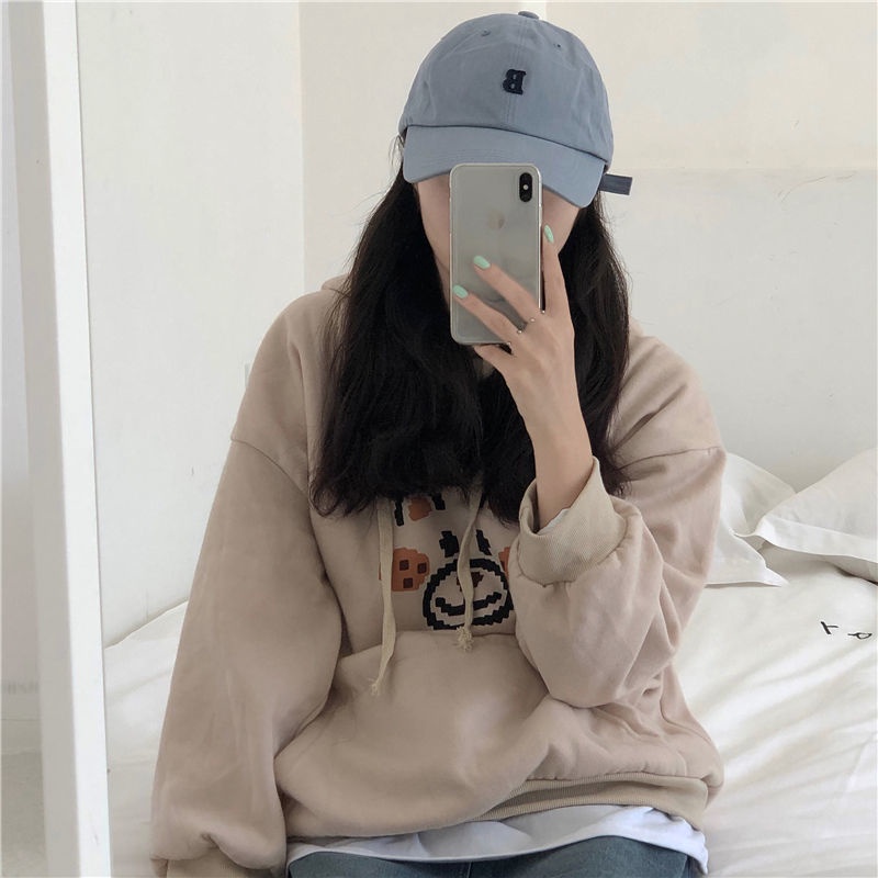 Áo Hoodie Dáng Rộng In Hoạt Hình Phong Cách Harajuku Hàn Quốc Thời Trang Mùa Đông Cho Nữ
