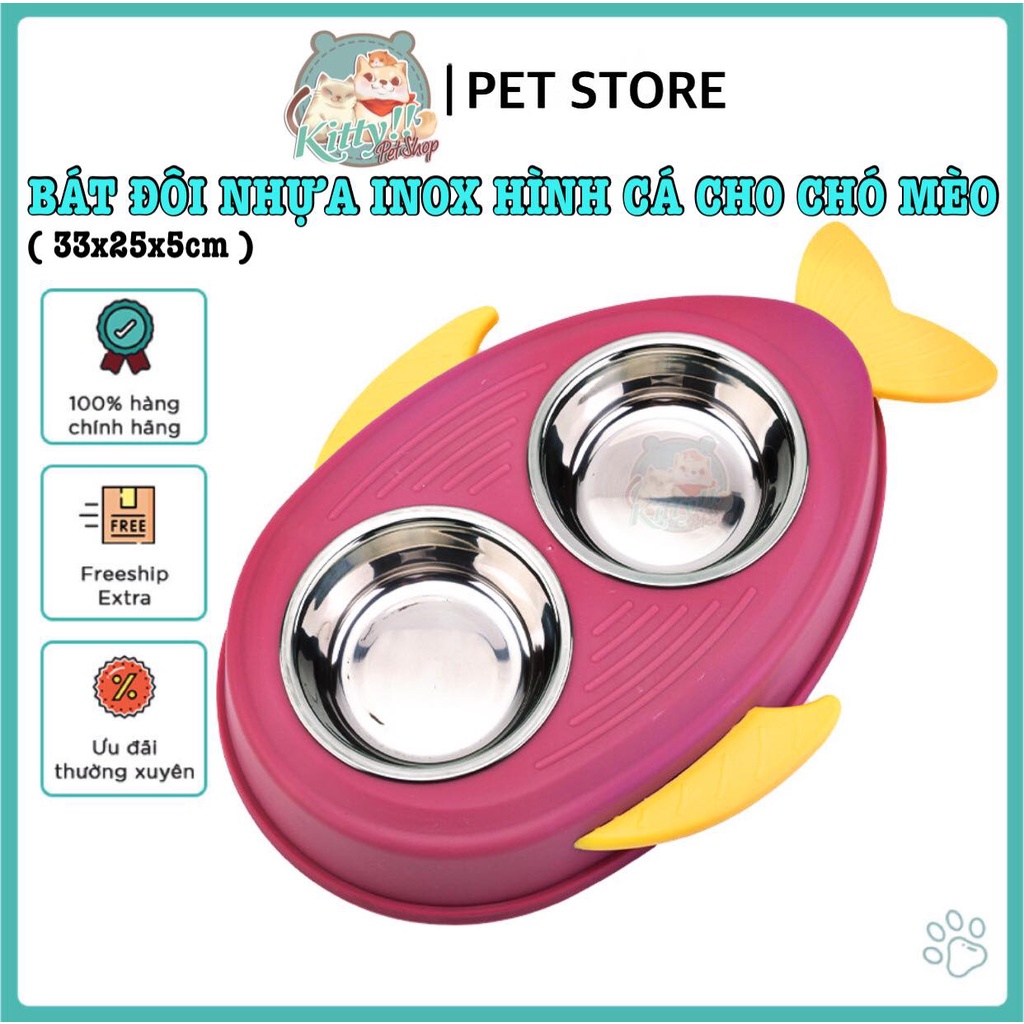 Bát ăn đôi inox hình con cá cho chó mèo, chén ăn, bát ăn,đẹp, chống lật đổ cho thú cưng, Kitty Pet Shop BMT