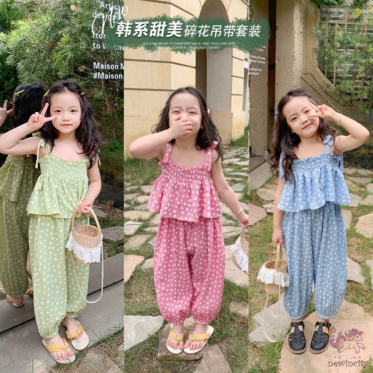 Bộ Áo Sát Nách In Hoa + Quần Dài Chống Muỗi Kiểu Hàn Quốc Dễ Thương Cho Bé Gái