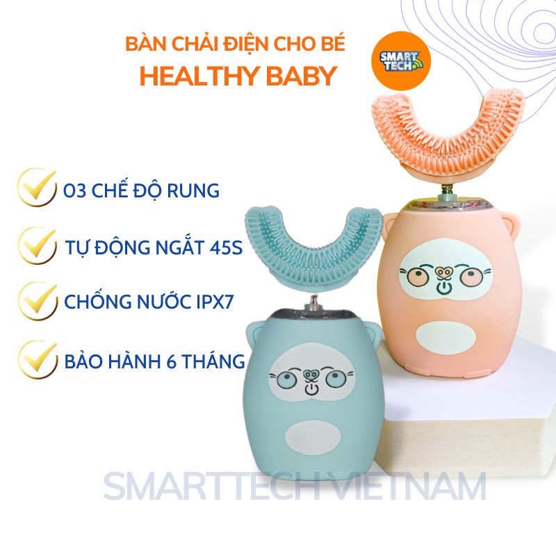 Bàn chải điện cho bé Healthy Baby, bàn chải đánh răng điện chữ U silicon cao cấp cho bé từ 2 tuổi, bảo hành 6 tháng