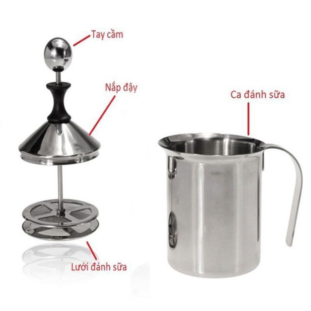 Ca đánh sữa lạnh latte 400ml - 800ml , inox 2 lớp lưới , tạo bọt sữa cầm tay (làm caphe bọt)