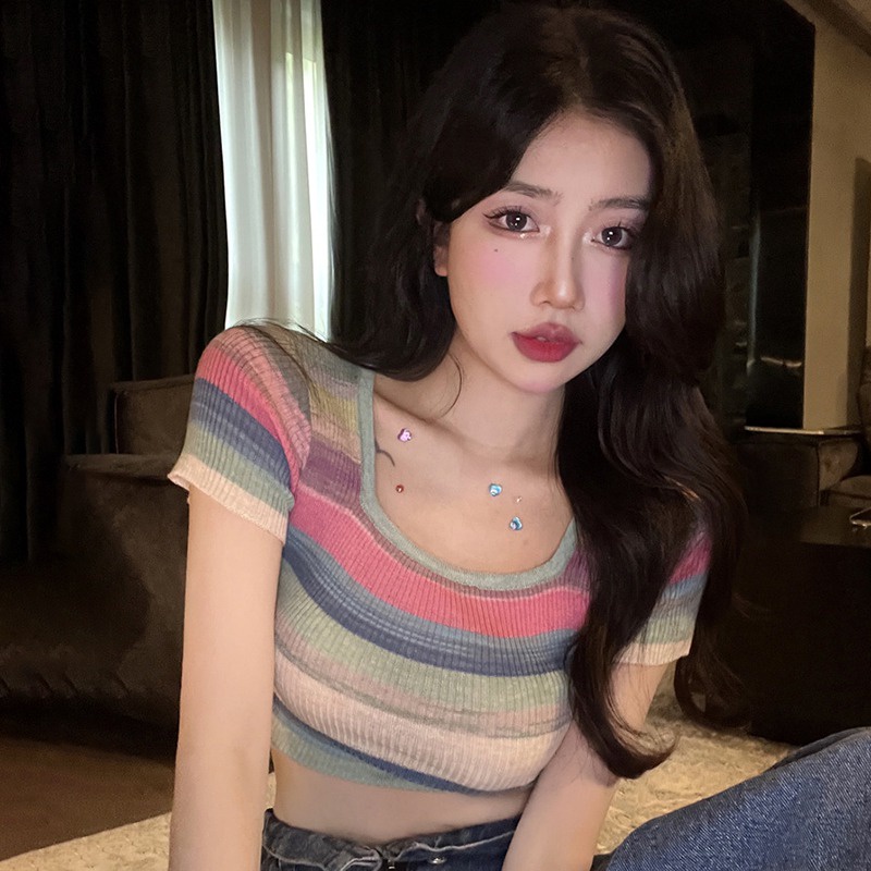 Áo Thun Croptop Dệt Kim Cổ Vuông Tay Ngắn Họa Tiết Kẻ Sọc Nhiều Màu Sắc Thời Trang Cổ Điển Thoáng Khí Cho Nữ