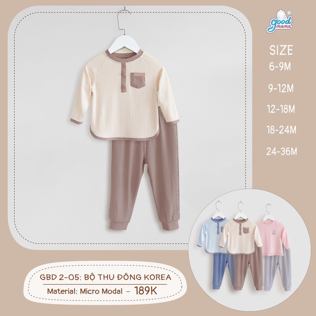 [CHÍNH HÃNG] Bộ dài tay cổ trụ túi ngực modal Korea họa tiết trẻ em Good Mama