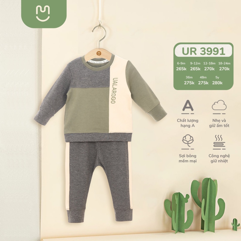 Bộ quần áo dài tay thu đông Ualarogo cho bé 6 tháng - 5 tuổi vải cotton thoáng mềm giữ ấm cổ tròn bo ống 3991
