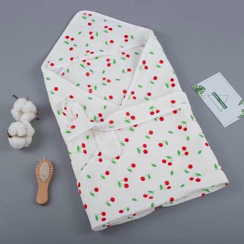 Ủ Choàng Xô Sợi tre 4 lớp Muslin 90*90cm( Có mũ + Đai)