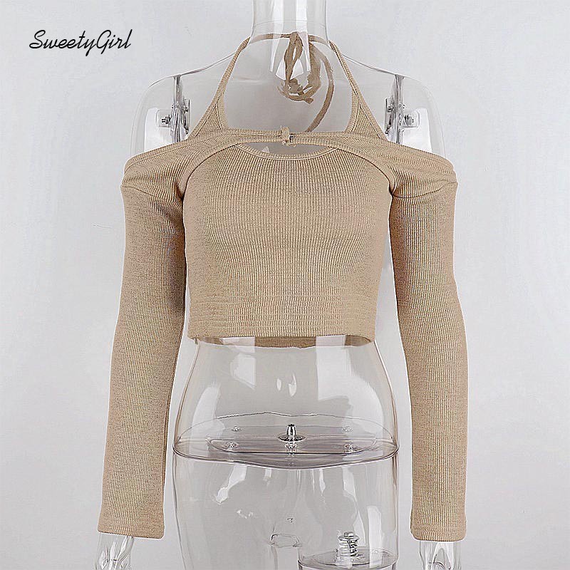 Set Áo Croptop Hai Dây + Áo Croptop Tay Dài Hở Vai Màu Trơn Thời Trang Cho Nữ