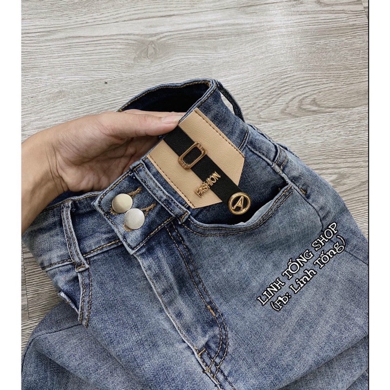 Quần Jeans Nữ Lưng Cao Ôm Body Túi Sau loang đen xanh