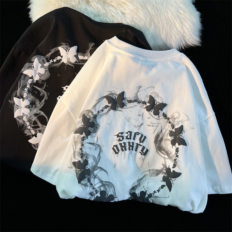 Áo Thun Tay Ngắn Dáng Rộng In Hình Bướm Khói Kiểu Đường Phố Mỹ Cá Tính Cho Nữ