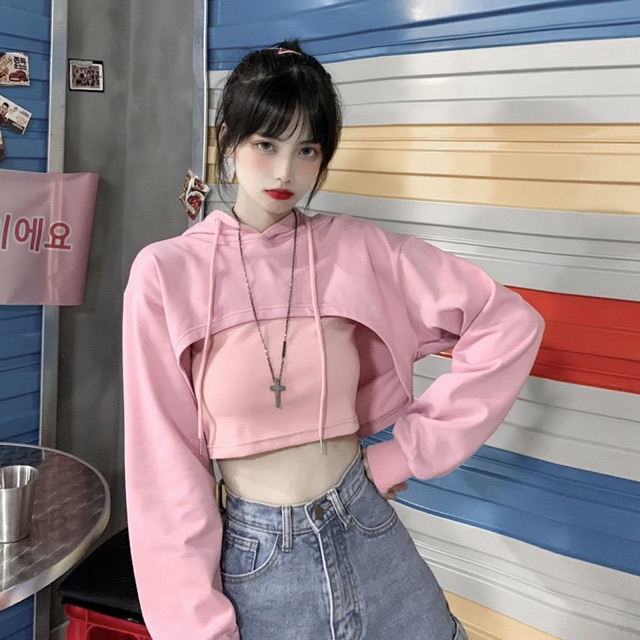 Ao croptop mũ mix áo hai dây len nỉ hàng quảng châu CT003