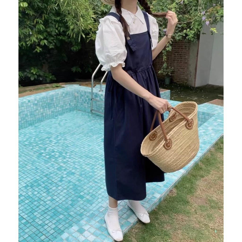[Ảnh thật/Sẵn] Set yếm kaki dáng babydoll kèm áo sơ mi viền bèo tay bồng ulzzang