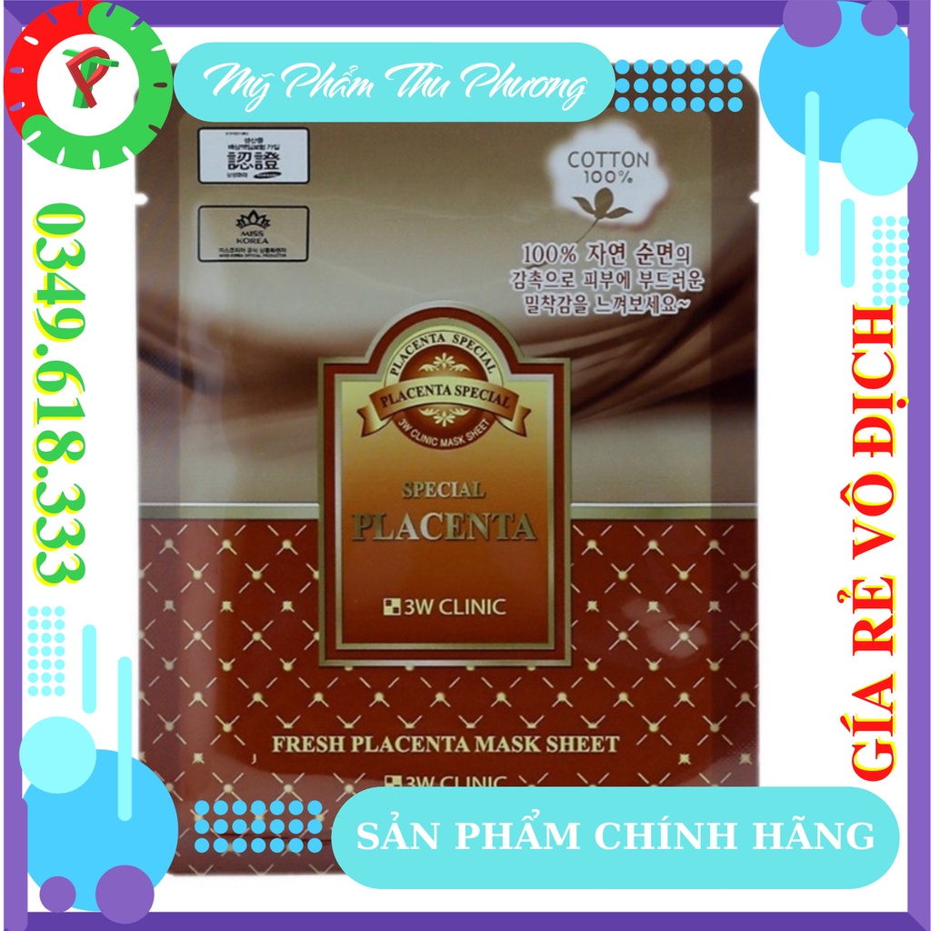 30 Mặt nạ dưỡng da thiên nhiên Nhau thai cừu Mỹ phẩm chăm sóc da chính hãng Hàn Quốc 3W Clinic Fresh Placenta mask sheet