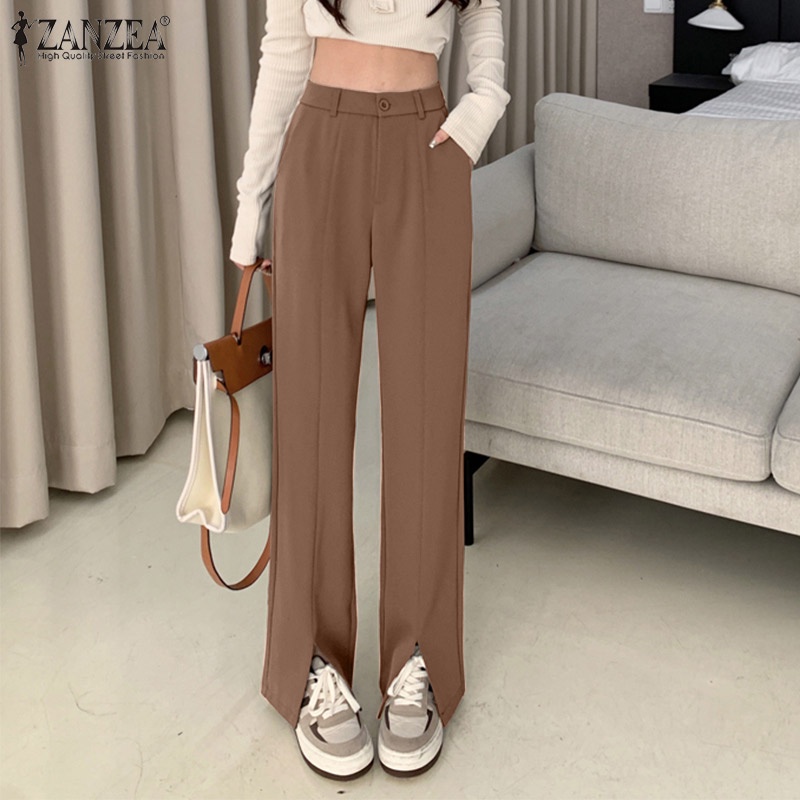 Quần dài Zanzea lưng cao màu trơn xẻ tà trước thời trang cho nữ