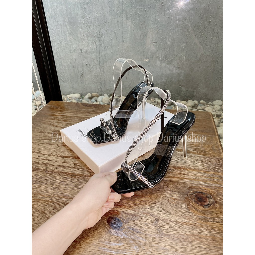 Giày sandal quai chéo đính đá gót nhọn 9cm - N385
