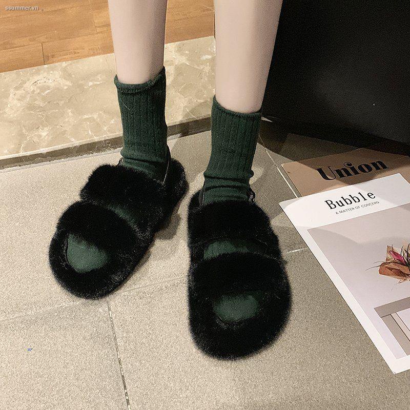 Giày Sandal Đế Bằng Phối Lông Thời Trang Mùa Hè Phong Cách Hàn Quốc Cho Nữ