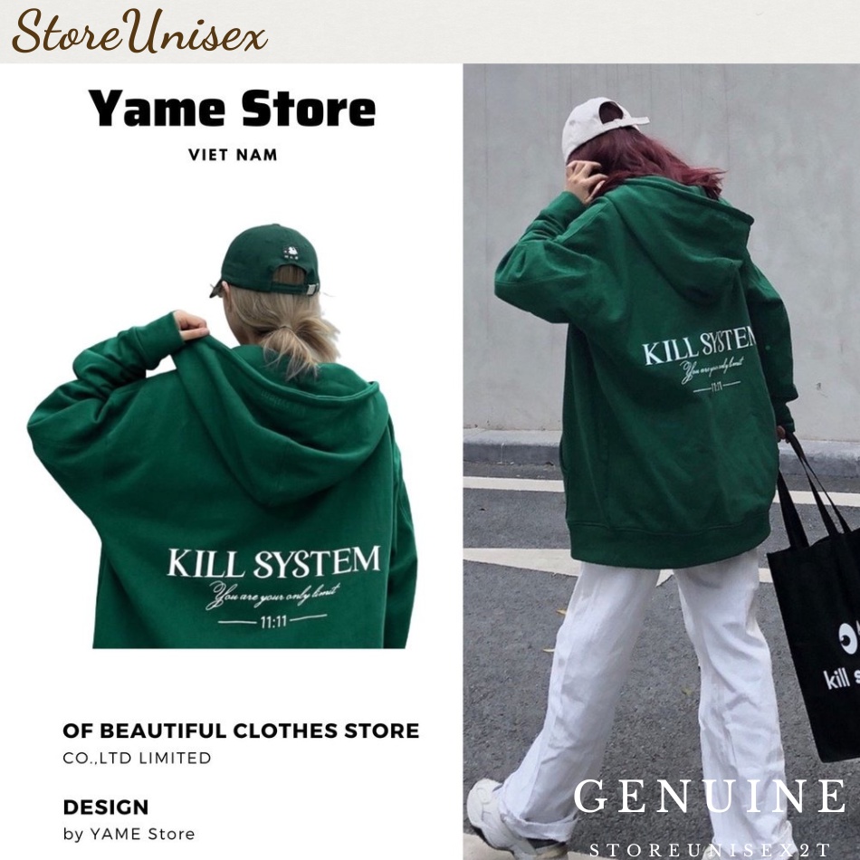 Áo Hoodie unisex cute KILL SYSTEM, Áo khoác hoodie xanh lá nam nữ mặc cực đẹp