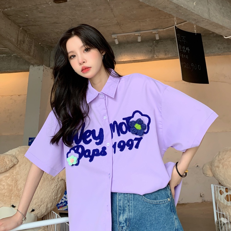 Ethelgirl Áo Sơ Mi Cổ Vuông Tay Ngắn Dáng Rộng In Chữ 4 Màu Thời Trang Hàn Quốc Cho Nữ