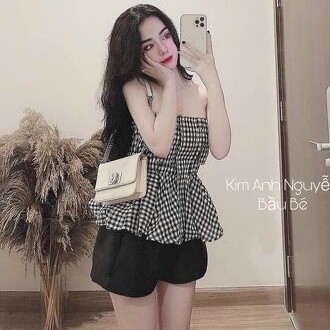 set đồ nữ áo quây kẻ caro quần shorts ống rộng hàng đẹp gọi cảm