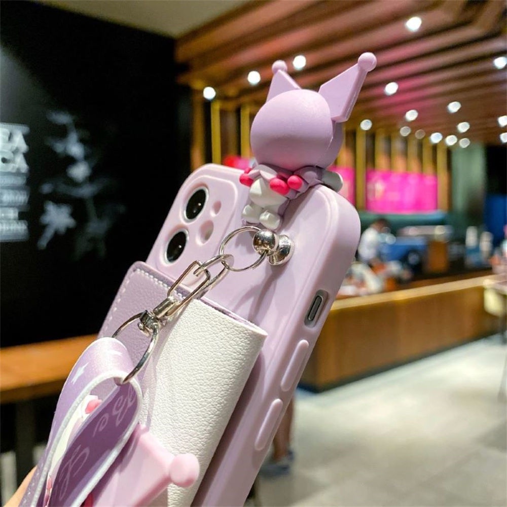 Ốp Điện Thoại Màu Đen Nhám Hình Kuromi Nhật Bản Có Ngăn Đựng Thẻ + Dây Đeo + Giá Đỡ Cho iPhone 7 Trong 1 14 13 12 11 Pro Max mini X XS XR 8 7 6 6s Plus