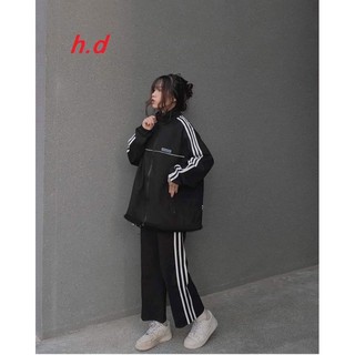bộ thể thao nỉ khoá kéo cổ trụ 3 sọc vạch ngang quần suông rộng