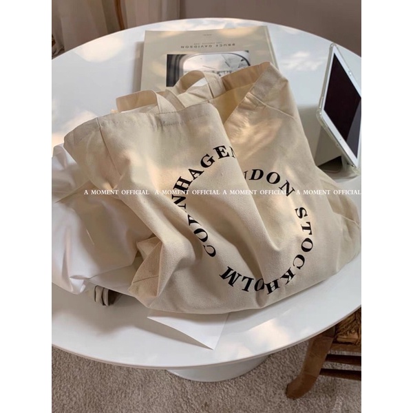 Túi Tote Canvas Vintage In Chữ Tròn Đeo Vai Style Hàn Quốc