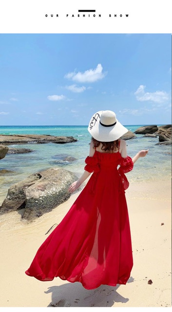 [Hàng sẵn🌈] Váy maxi đỏ tay bèo 2 dây xẻ tà đi biển chụp hình siêu đẹp ạ | BigBuy360 - bigbuy360.vn