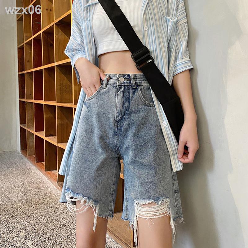 Phiên bản Hàn Quốc của quần lót năm điểm vải denim lưng cao Harajuku dành cho phụ nữ ống rộng suông thẳng mỏng
