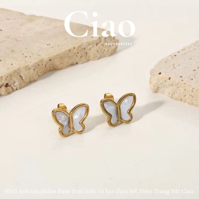 [HOẢ TỐC 1H] Khuyên tai/ Bông tai titan không gỉ thiết kế hình bướm xà cừ xinh xắn sang trọng Isabella Ciao