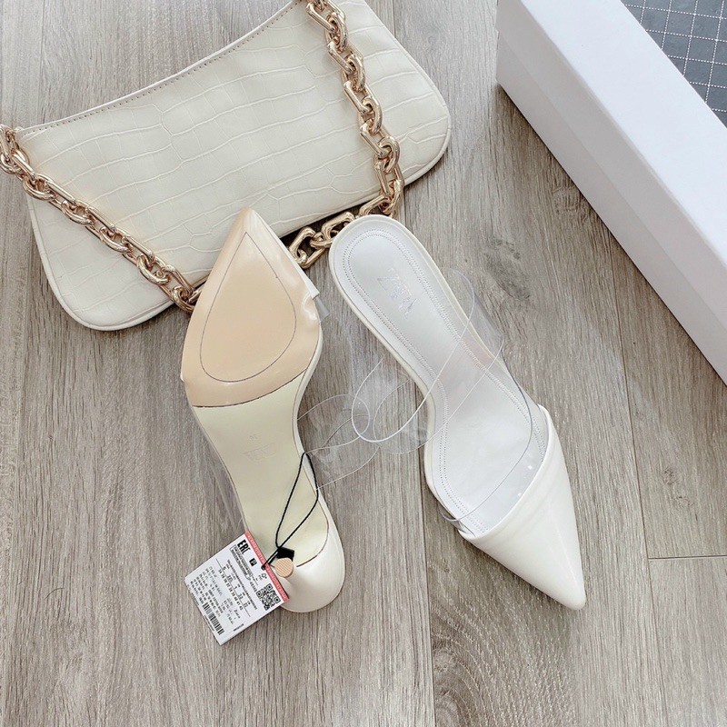 Giày sục cao gót 7cm zaza quai trong mũi nhọn màu trắng