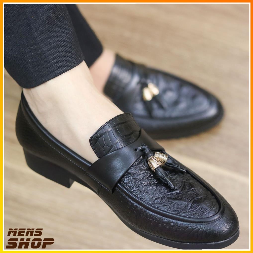 Giày Lười Nam Da Lì Dập Vân Cá Sấu Chuông Vàng