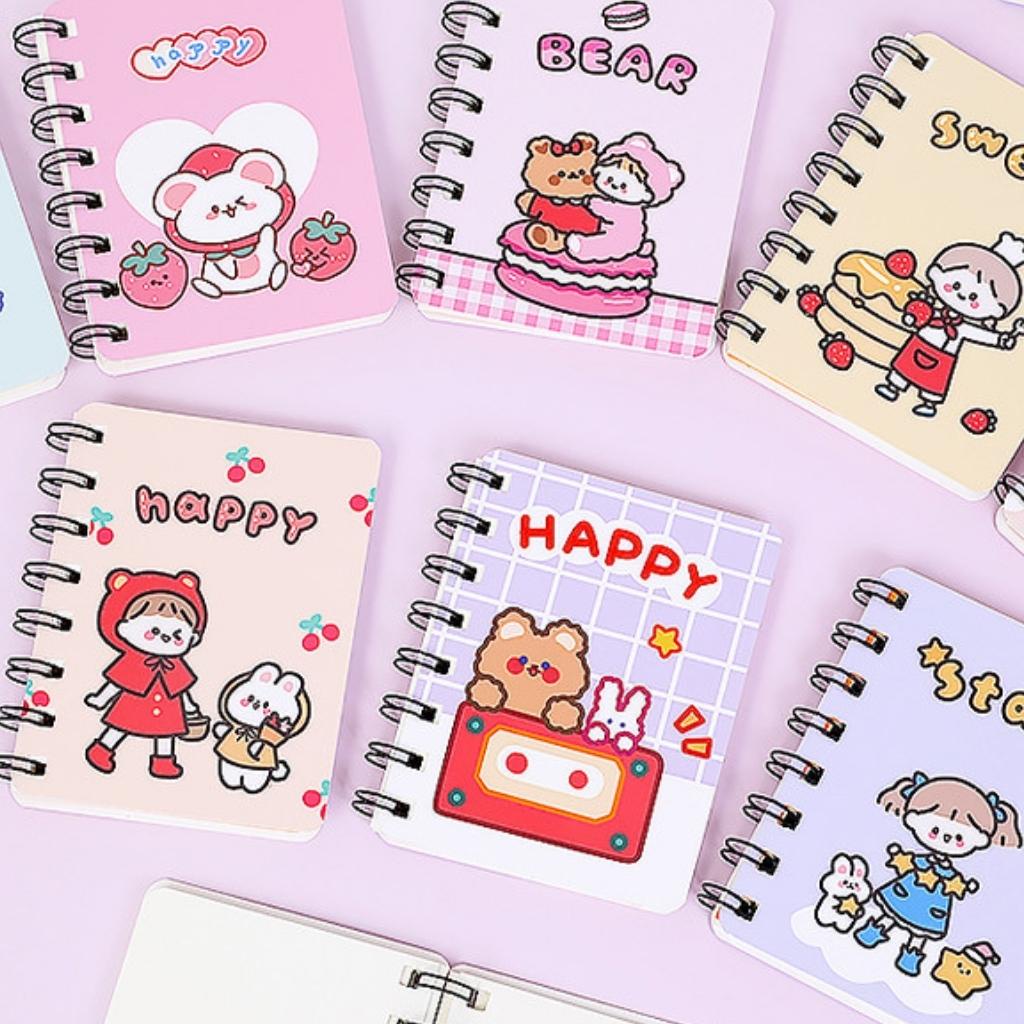 Sổ Tay Ghi Chép Lò Xo EDUSKY Kích Thước A7 Mini Cute Tập 80 Trang Họa Tiết Hoạt Hình Dễ Thương Cỡ 10.5x8cm