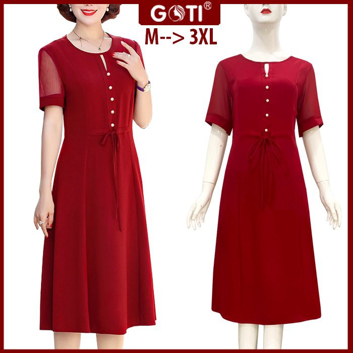 GOTI - Đầm Trung Niên Cao Cấp Dáng Suông Xòe Nhẹ Chữ A Tay Ngắn Dài Qua Gối Tặng Mẹ U50-60 3326 3328