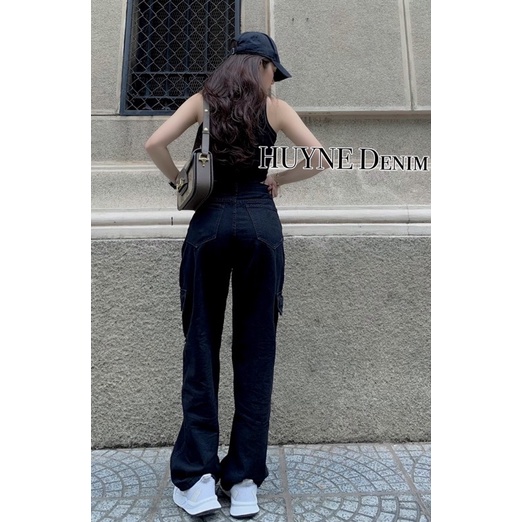 Quần jean ống rộng nữ màu xanh nhạt- Quần bò túi hộp 2 bên HUYEN Denim