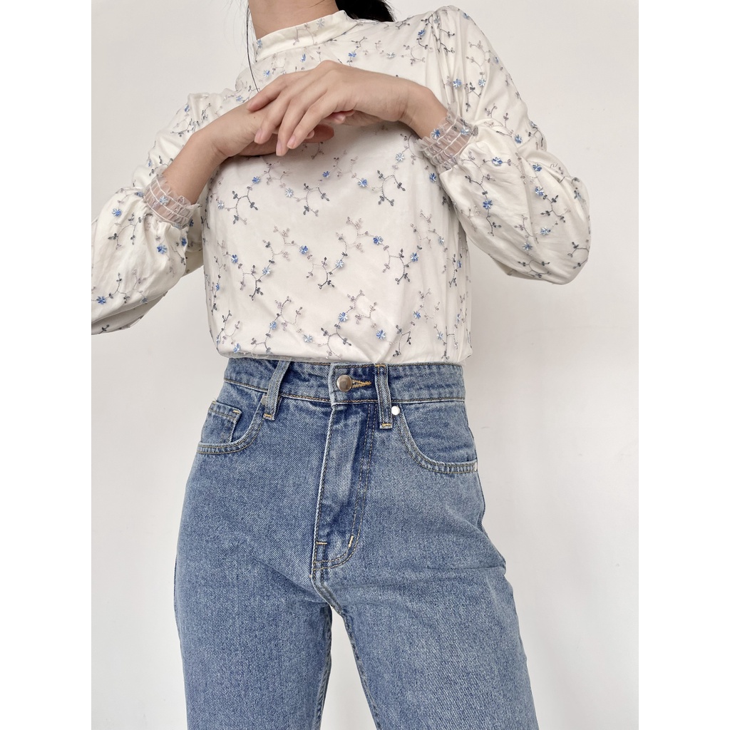 Quần Baggy Jeans Nữ Lưng Cao Cắt Lai Màu Xanh BCL-02